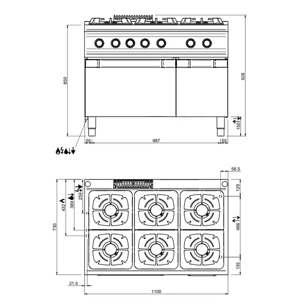Fornuis + Oven | DOMINA PRO 700 | Gas/Elektrisch | 6 Branders (6x 5.5kW) + 2/1 GN Oven (5.3kW-400V) | Waakvlam | Neutraal Vak | 1100x730x850(h)mm