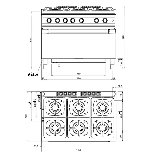 Fornuis + Maxi Oven | DOMINA PRO 700 | Gas | 6 Branders (6x 7kW) + Oven (8kW) | Waakvlam/Piëzo | 1100x730x850(h)mm