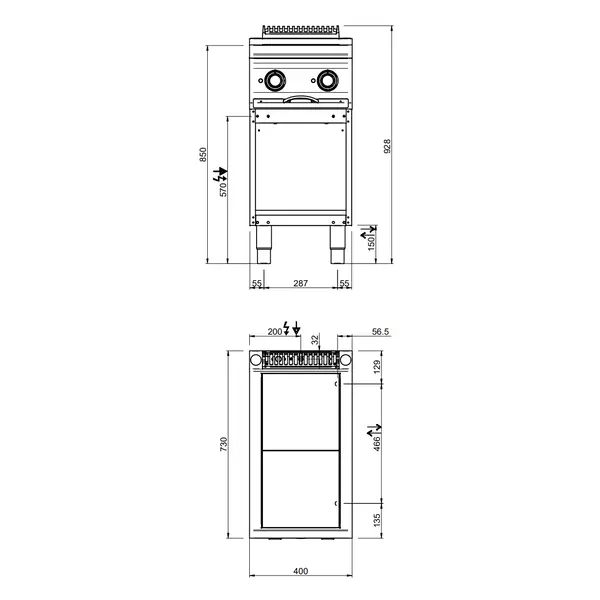 Fornuis | DOMINA PRO 700 | Elektrisch | 2 Kookpunten (300x300) | 5kW (400V) | Open Onderkast | 400x730x850(h)mm