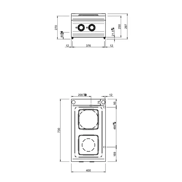 Fornuis | DOMINA PRO 700 | Elektrisch | 2 Kookpunten (Ø145/200) | 4.1kW (400V) | 400x730x250(h)mm