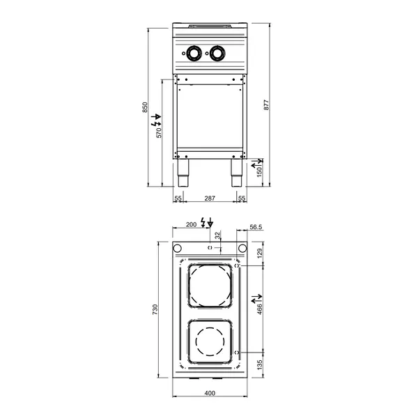 Fornuis | DOMINA PRO 700 | Elektrisch | 2 Kookpunten (220x220) | 5.2kW (400V) | Open Onderkast | 400x730x850(h)mm
