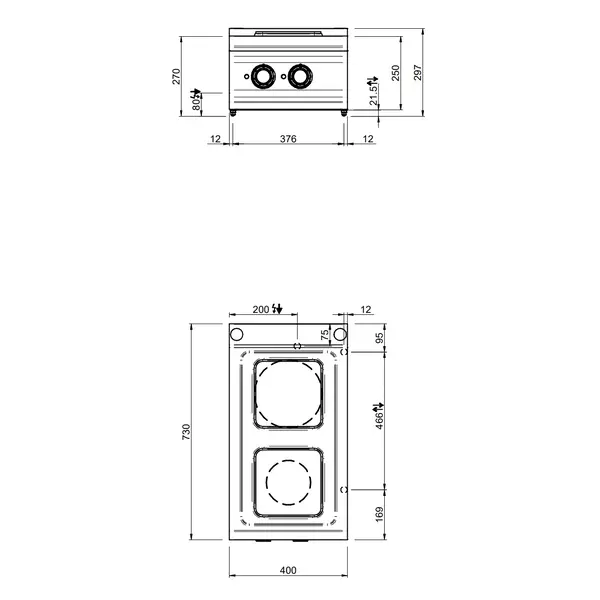 Fornuis | DOMINA PRO 700 | Elektrisch | 2 Kookpunten (220x220) | 5.2kW (400V) | 400x730x250(h)mm
