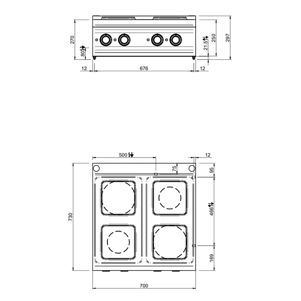 Fornuis | DOMINA PRO 700 | Elektrisch | 4 Kookpunten (Ø145/200) | 8.2kW (400V) | 700x730x250(h)mm