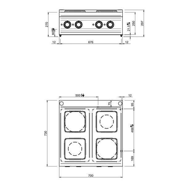Fornuis | DOMINA PRO 700 | Elektrisch | 4 Kookpunten (220x220) | 10.4kW (400V) | 700x730x250(h)mm