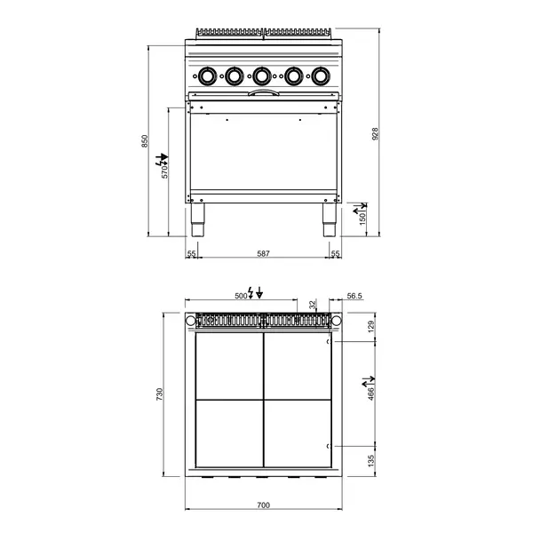 Fornuis + Oven | DOMINA PRO 700 | Elektrisch | 4 Kookpunten (300x300) + 2/1 GN Oven | 15.3kW (400V) | 700x730x850(h)mm