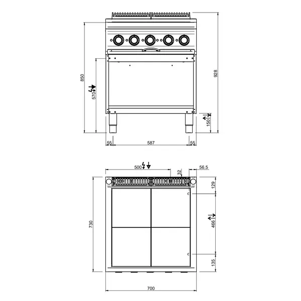 Fornuis | DOMINA PRO 700 | Elektrisch | 4 Kookpunten (300x300) | 10kW (400V) | Open Onderkast | 700x730x850(h)mm