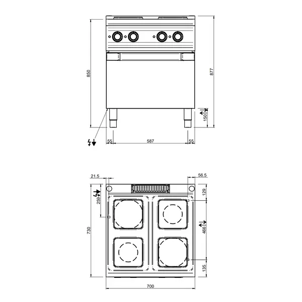 Fornuis + Oven | DOMINA PRO 700 | Elektrisch | 4 Kookpunten (220x220) + 2/1 GN Oven | 15.7kW (400V) | 700x730x850(h)mm
