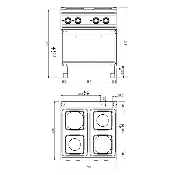 Fornuis | DOMINA PRO 700 | Elektrisch | 4 Kookpunten (220x220) | 10.4kW (400V) | Open Onderkast | 700x730x850(h)mm