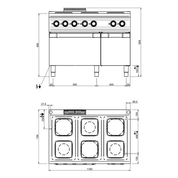 Fornuis + Oven | DOMINA PRO 700 | Elektrisch | 6 Kookpunten (220x220) + 2/1 GN Oven | 20.9kW (400V) | Neutraal Vak | 1100x730x850(h)mm