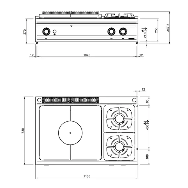 Fornuis/Doorkookplaat | DOMINA PRO 700 | Gas | 2 Branders (2x 7kW) + Plaat (10kW) | Waakvlam/Piëzo | 1100x730x250(h)mm