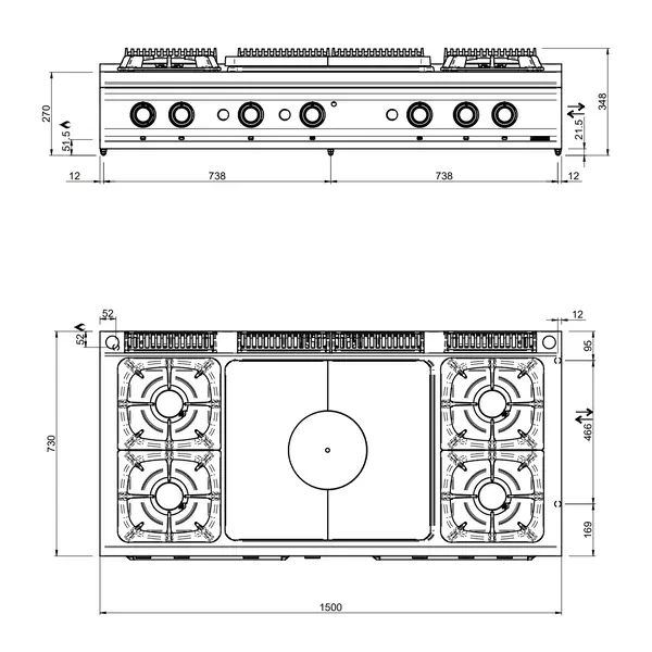 Fornuis/Doorkookplaat | DOMINA PRO 700 | Gas | 4 Branders (4x 7kW) + Plaat (10kW) | Piëzo Ontsteking | 1500x730x250(h)mm