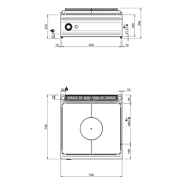 Doorkookplaat | DOMINA PRO 700 | Gas | 10kW | Piëzo Ontsteking | 700x730x250(h)mm