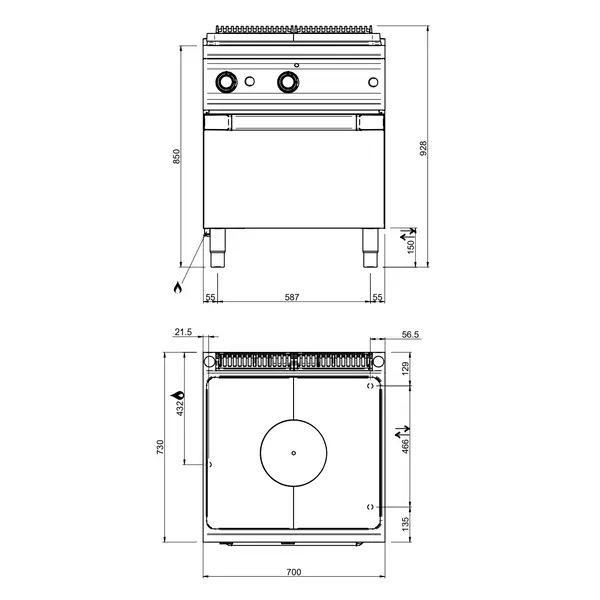 Doorkookplaat | DOMINA PRO 700 | Gas | 10kW | Piëzo Ontsteking | Open Onderkast | 700x730x850(h)mm