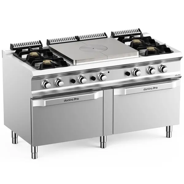 Fornuis/Doorkookplaat + 2 Ovens | DOMINA PRO 700 | Gas | 4 Branders (4x 7kW) + Plaat (10kW) + 2/1 GN Ovens (2x 6kW) | Waakvlam/Piëzo | 1500x730x850(h)mm