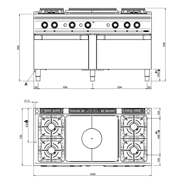 Fornuis/Doorkookplaat + 2 Ovens | DOMINA PRO 700 | Gas | 4 Branders (4x 7kW) + Plaat (10kW) + 2/1 GN Ovens (2x 6kW) | Waakvlam/Piëzo | 1500x730x850(h)mm