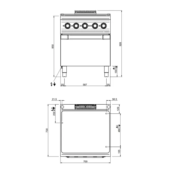 Doorkookplaat  + Oven | DOMINA PRO 700 | Elektrisch | 4 Zones + 2/1 GN Oven | 14.3kW (400V) | 700x730x850(h)mm