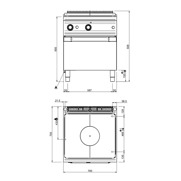 Doorkookplaat + Oven | DOMINA PRO 700 | Gas | 10kW + 2/1 GN Oven (6kW) | Piëzo Ontsteking | 700x730x850(h)mm