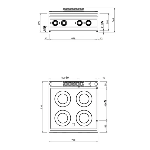 Glaskeramisch Fornuis | DOMINA PRO 700 | Elektrisch | 4 Kookpunten | 8.6kW (400V) | 700x730x250(h)mm
