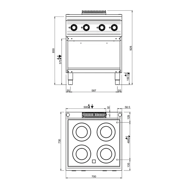 Glaskeramisch Fornuis | DOMINA PRO 700 | Elektrisch | 4 Kookpunten | 8.6kW (400V) | Open Onderkast | 700x730x850(h)mm