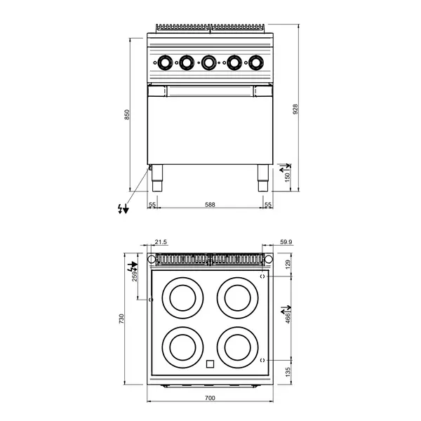 Glaskeramisch Fornuis + Oven | DOMINA PRO 700 | Elektrisch | 4 Kookpunten + 2/1 GN Oven | 13.9kW (400V) | 700x730x850(h)mm