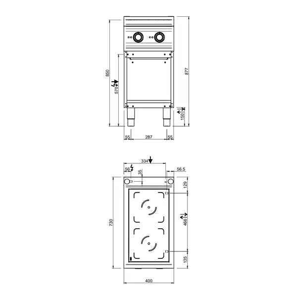 Inductiefornuis | DOMINA PRO 700 | 2 Kookpunten | 7kW (400V) | Open Onderkast | 400x730x850(h)mm