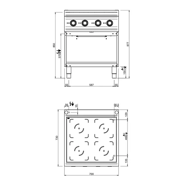 Inductiefornuis | DOMINA PRO 700 | Elektrisch | 4 Kookpunten | 14kW (400V) | Open Onderkast | 700x730x850(h)mm