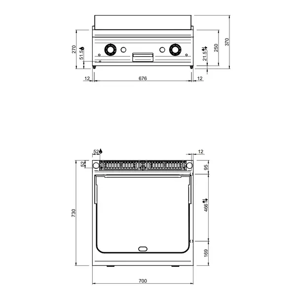 Bak-/Grillplaat | DOMINA PRO 700 | Gas | Glad Oppervlak 630x540 (RVS) | 14kW | Piëzo Ontsteking | 700x730x250(h)mm
