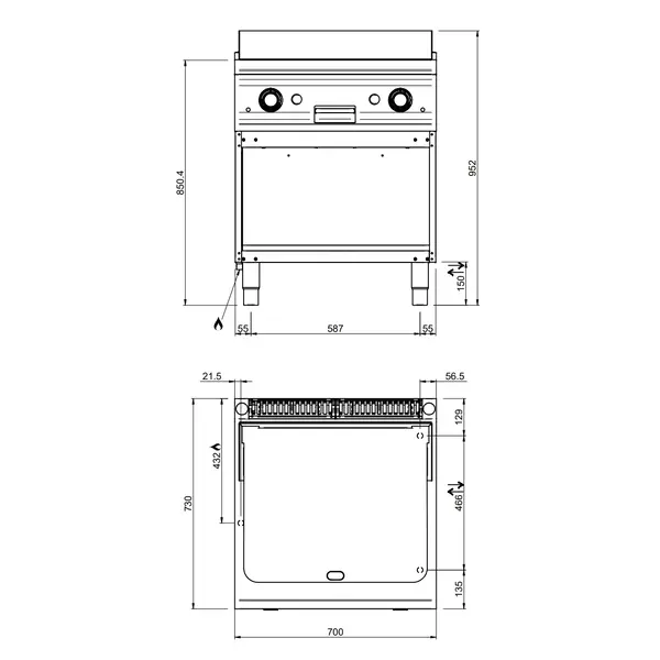 Bak-/Grillplaat | DOMINA PRO 700 | Gas | Glad/Gegroefd Oppervlak 630x540 (Verchroomd) | 14kW | Piëzo Ontsteking | Open Onderkast | 700x730x850(h)mm