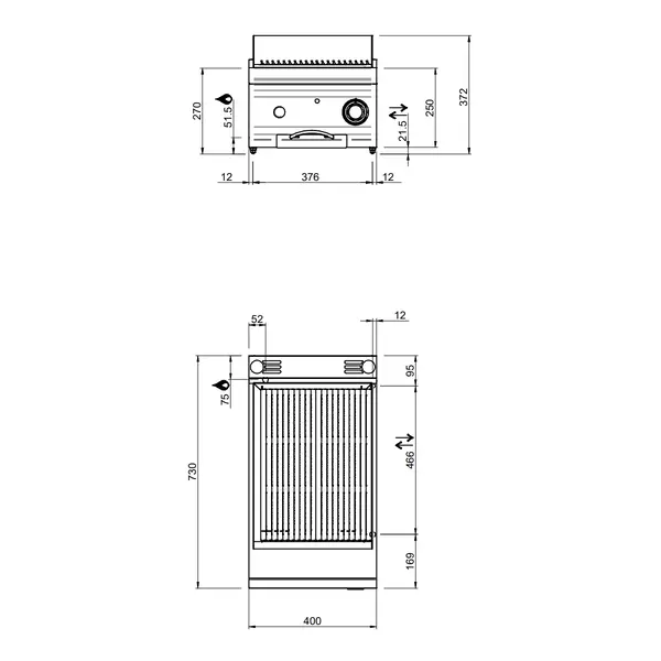 Lavasteengrill | DOMINA PRO 700 | Gas | Oppervlak 352x475 (Gietijzer) | 7.5kW | Piëzo Ontsteking | 400x730x250(h)mm