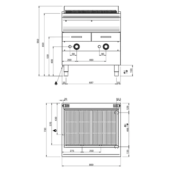 Stoomgrill | DOMINA PRO 700 | Gas | Oppervlak 704x475 (Gietijzer) | 17kW | Piëzo Ontsteking | 2 Uitneembare Waterladen | 800x730x850(h)mm