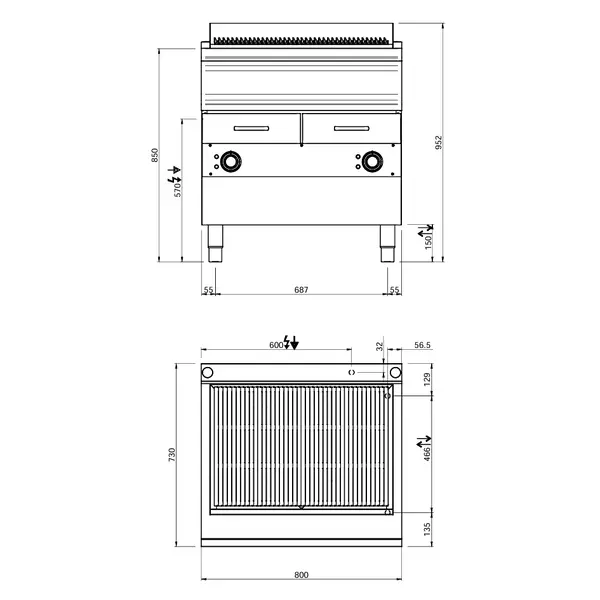 Stoomgrill | DOMINA PRO 700 | Elektrisch | Oppervlak 704x475 (Gietijzer) | 12kW (400V) | 2 Uitneembare Waterladen | 800x730x850(h)mm