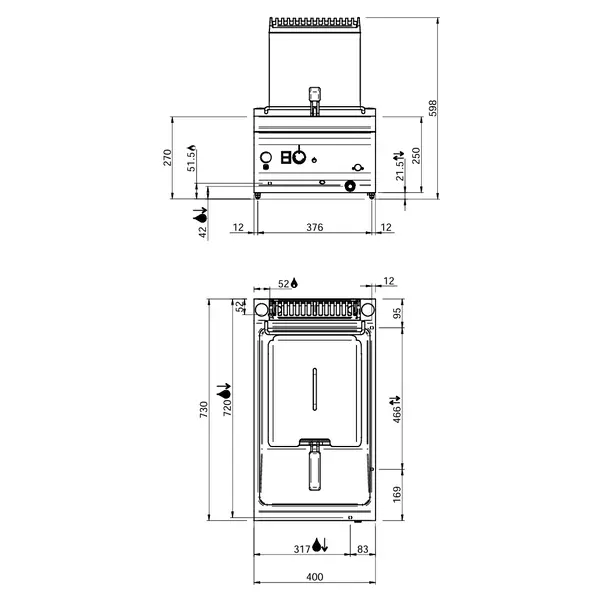 Friteuse | DOMINA PRO 700 | Gas | 9L | 90°C/190°C | 7.5kW | Aftapkraan | Piëzo Ontsteking | 400x730x250/580(h)mm