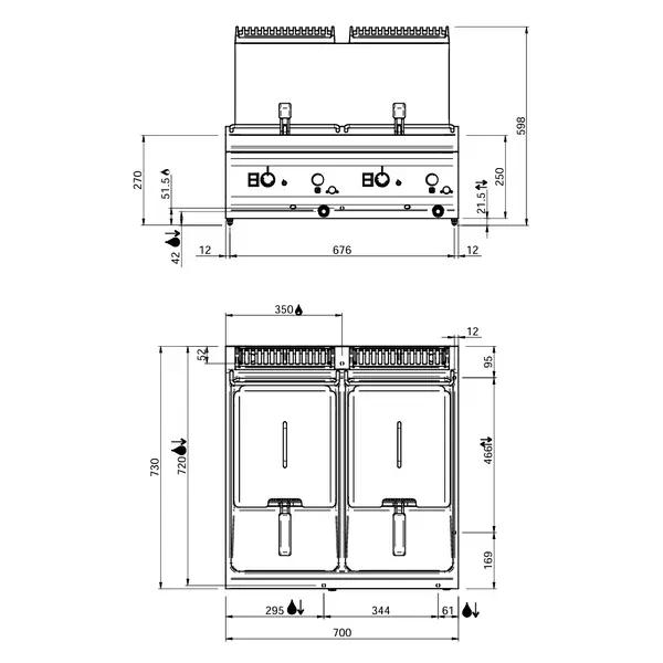 Friteuse | DOMINA PRO 700 | Gas | 9+9L | 90°C/190°C | 15kW | Aftapkranen | Piëzo Ontsteking | 700x730x250/580(h)mm