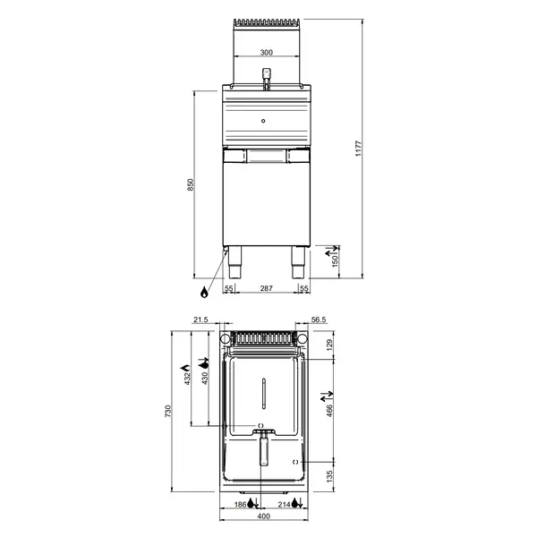 Friteuse | DOMINA PRO 700 | Gas | 14L | 90°C/190°C | 12.5kW | Aftapkraan | Piëzo Ontsteking | 400x730x850/1180(h)mm
