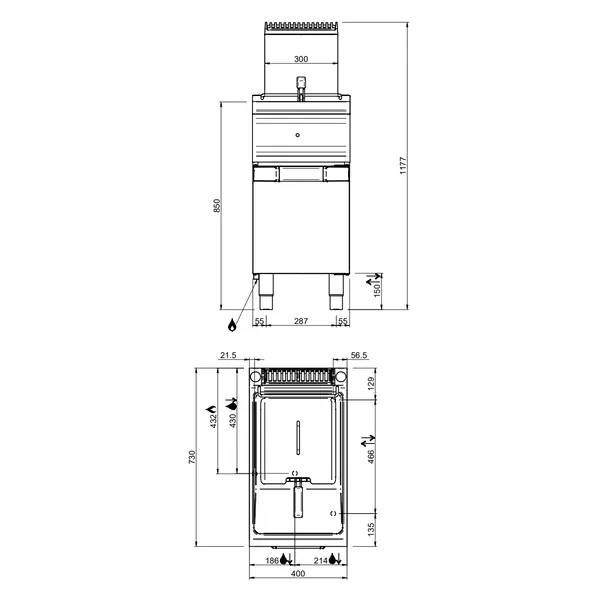 Friteuse | DOMINA PRO 700 | Gas | 7+7L | 90°C/190°C | 12.5kW | Aftapkranen | Piëzo Ontsteking | 400x730x850/1180(h)mm