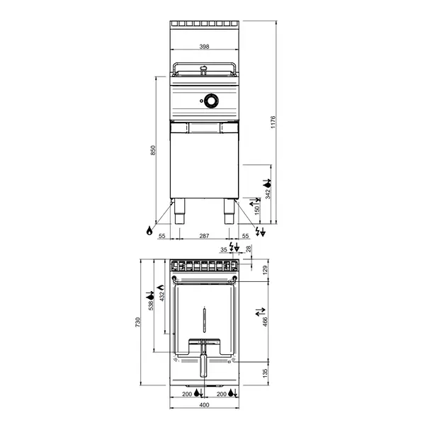 Friteuse | DOMINA PRO 700 | Gas | 14L | 90°C/190°C | 15kW | Aftapkraan | Elektrische Ontsteking (230V) | 400x730x850/1180(h)mm