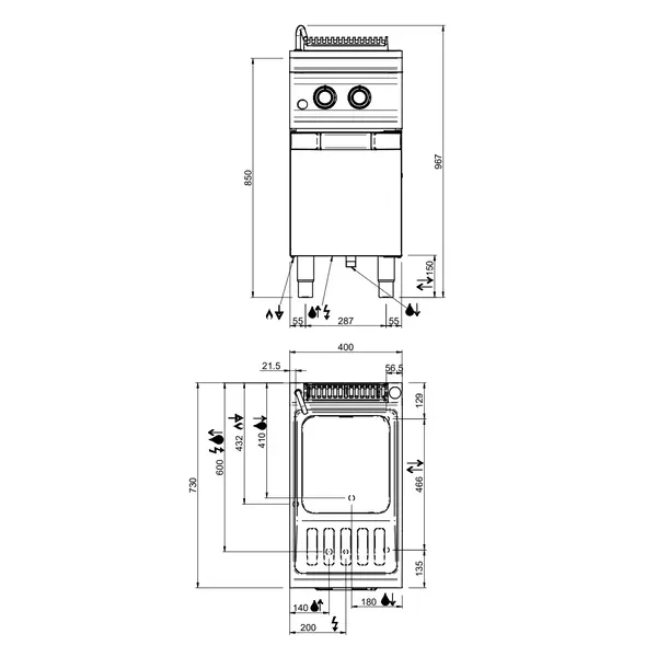 Pastakoker | DOMINA PRO 700 | Gas | 26L | 8.5kW (230V) | Vulkraan + Aftapkraan | Piëzo Ontsteking | 400x730x850(h)mm