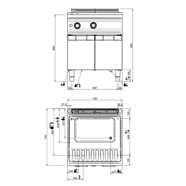 Pastakoker | DOMINA PRO 700 | Gas | 40L | 13.3kW | Vulkraan + Aftapkraan | Piëzo Ontsteking | 700x730x850(h)mm