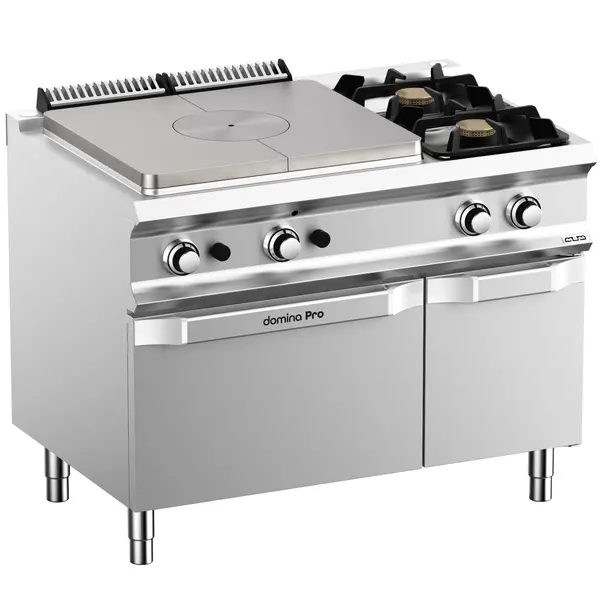 Fornuis/Doorkookplaat + Oven | DOMINA PRO 700 | Gas | 2 Branders (2x 7kW) + Plaat (10kW) + 2/1 GN Oven (6kW) | Waakvlam/Piëzo | Neutraal Vak | 1100x730x850(h)mm