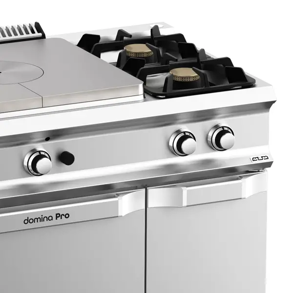 Fornuis/Doorkookplaat + Oven | DOMINA PRO 700 | Gas | 2 Branders (2x 7kW) + Plaat (10kW) + 2/1 GN Oven (6kW) | Waakvlam/Piëzo | Neutraal Vak | 1100x730x850(h)mm