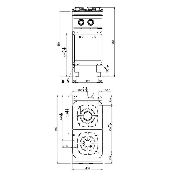 Fornuis | DOMINA PRO 900 | Gas | 2 Branders (7+11kW) | Waakvlam | Open Onderkast | 400x900x850(h)mm