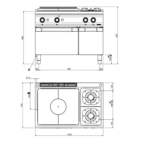 Fornuis/Doorkookplaat + Oven | DOMINA PRO 700 | Gas | 2 Branders (2x 7kW) + Plaat (10kW) + 2/1 GN Oven (6kW) | Waakvlam/Piëzo | Neutraal Vak | 1100x730x850(h)mm