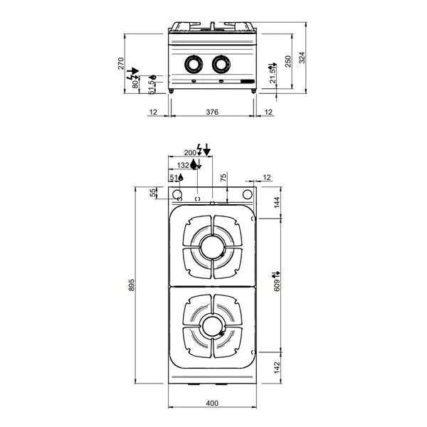 Fornuis | DOMINA PRO 900 | Gas | 2 Branders (2x 11kW) | Waakvlam | 400x900x250(h)mm