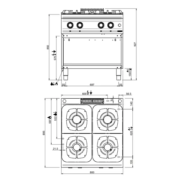 Fornuis | DOMINA PRO 900 | Gas | 4 Branders (2x 7kW + 2x 11kW) | Waakvlam | Open Onderkast | 800x900x850(h)mm