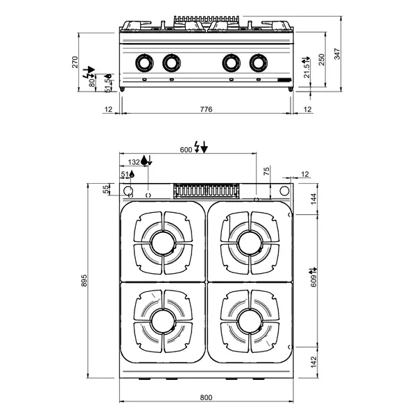 Fornuis | DOMINA PRO 900 | Gas | 4 Branders (2x 7kW + 2x 11kW) | Waakvlam | 800x900x250(h)mm