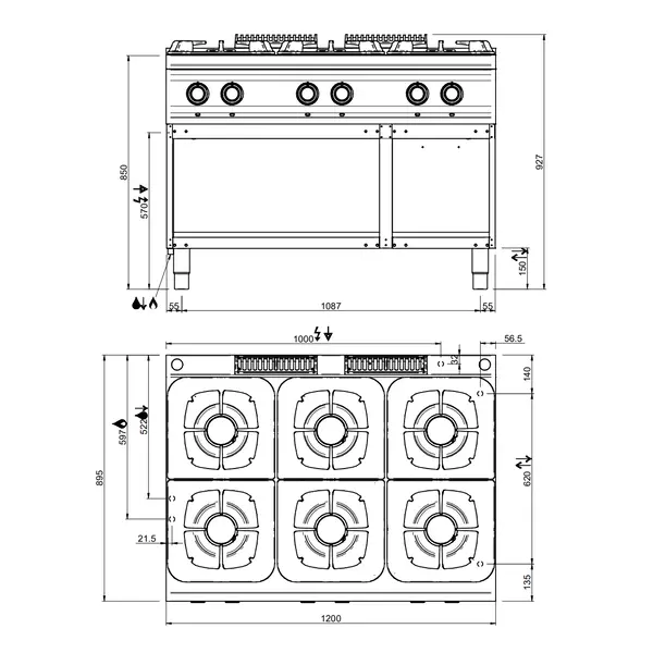 Fornuis | DOMINA PRO 900 | Gas | 6 Branders (3x 7kW + 3x 11kW) | Waakvlam | Open Onderkast | 1200x900x850(h)mm