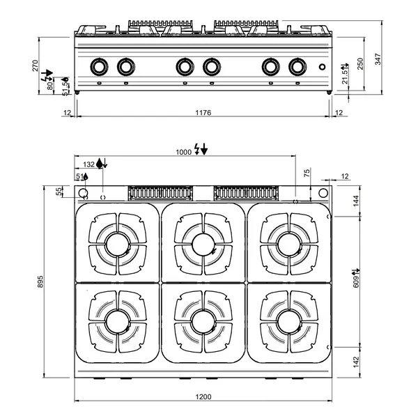 Fornuis | DOMINA PRO 900 | Gas | 6 Branders (6x 5.5kW) | Waakvlam | 1200x900x250(h)mm