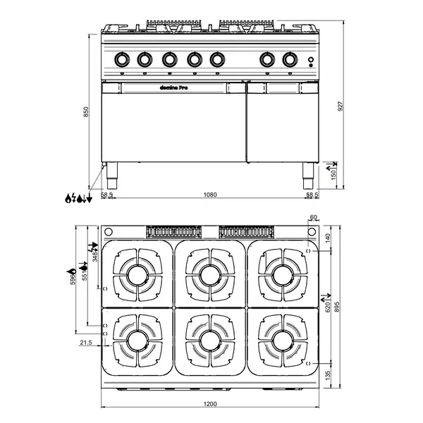 Fornuis + Oven | DOMINA PRO 900 | Gas/Elektrisch | 6 Branders (3x 7kW + 3x 11kW) + 2/1 GN Oven (6kW-400V) | Waakvlam | Neutraal Vak | 1200x900x850(h)mm