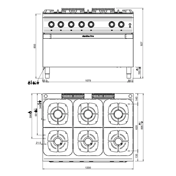 Fornuis + Maxi Oven | DOMINA PRO 900 | Gas | 6 Branders (3x 7kW + 3x 11kW) + Oven (10kW) | Waakvlam/Piëzo | 1200x900x850(h)mm