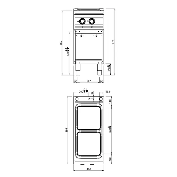 Fornuis | DOMINA PRO 900 | Elektrisch | 2 Kookpunten (300x300) | 6kW (400V) | Open Onderkast | 400x900x850(h)mm